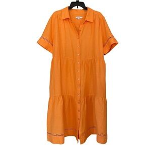 Chico's 100% Linen Lattice Trim Midi Tiered Shirt Dress Orange Size 3/ 16